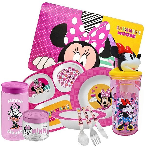 Kit Refeição Infantil Minnie 10 Peças Pratos, Tigela, Copo 3D, Lugar Americano, Talheres e Pote Multiuso