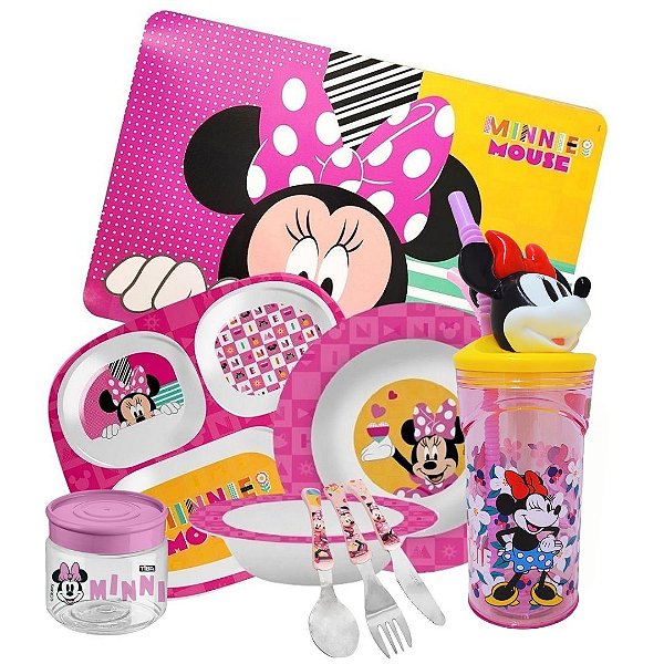 Kit Refeição Infantil Minnie 9 Peças Pratos, Tigela, Copo 3D, Lugar Americano, Talheres e Pote Multiuso
