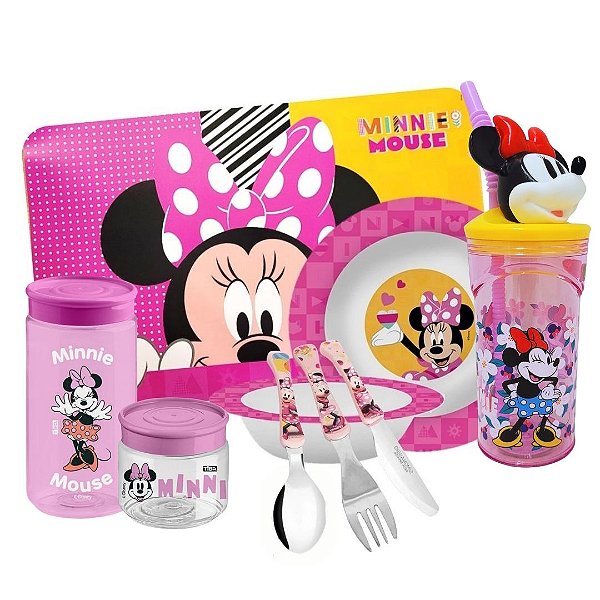 Kit Refeição Infantil Minnie 9 Peças Prato, Tigela, Copo, Jogo Americano, Talheres e Potes