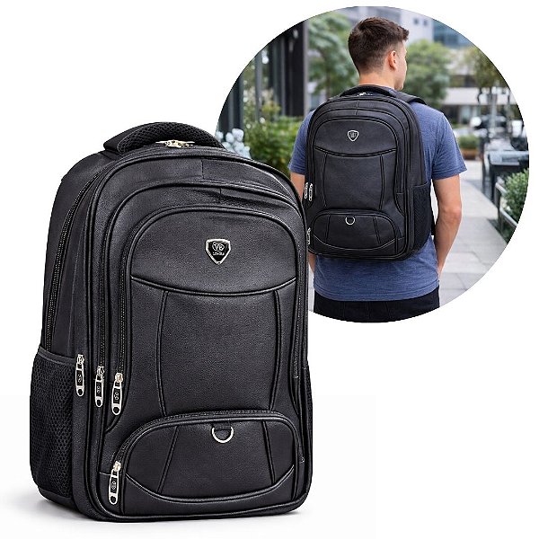 Mochila Executiva Courino Preto Extra Grande Porta Notebook 7 Compartimentos Luxo Reforçada