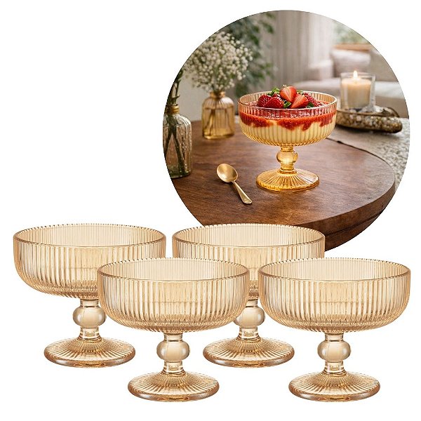 Jogo 4 Taças Sobremesa Vidro Âmbar 320ml Blis Collection Frisado Moderno Elegante - Wellmix
