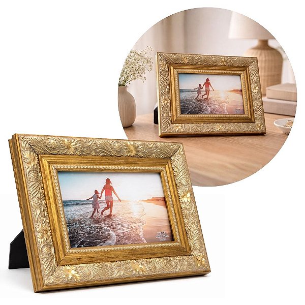 Porta Retrato Moldura Madeira Premium Dourado Decor Fotos 10x15 Vertical e Horizontal