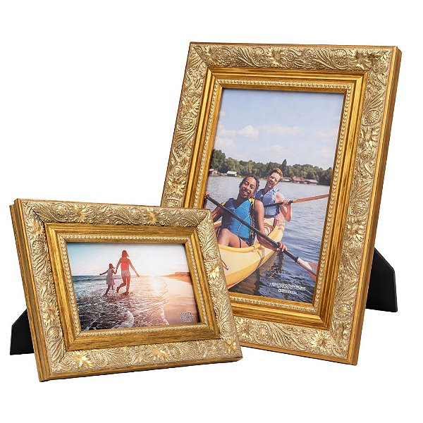Kit Porta Retrato 15x21 e 10x15 Moldura Madeira Premium Dourado Com Vidro Vertical e Horizontal