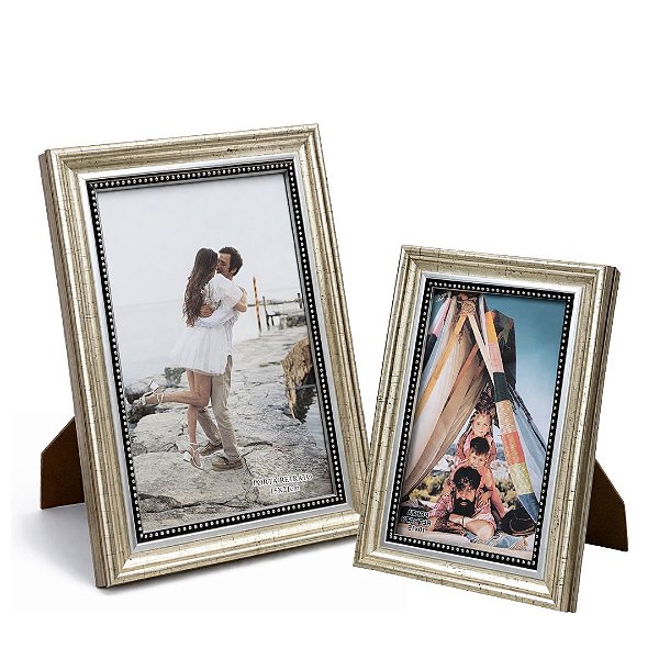 Jogo 2 Porta Retrato 15x21 e 10x15 Moldura Madeira Premium Champanhe Com Vidro Vertical e Horizontal