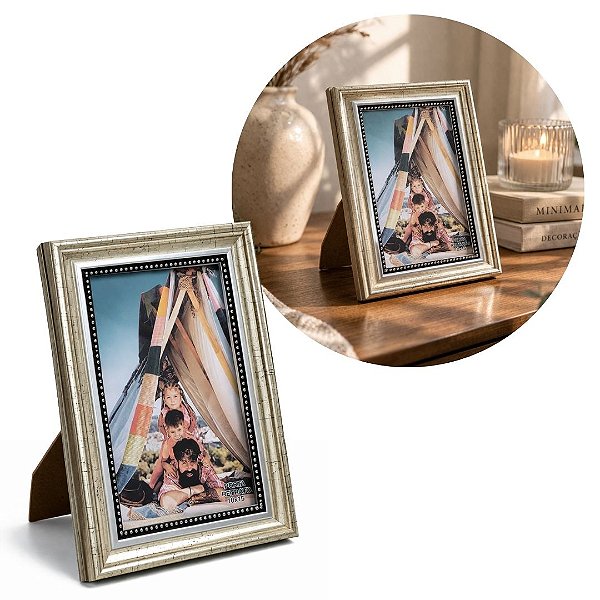 Porta Retrato 10x15 Moldura Madeira Premium Champanhe Com Vidro Vertical e Horizontal