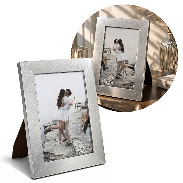 Porta Retrato 15x21 Madeira Prateado Luxo Decor Linhas Com Vidro Vertical Horizontal