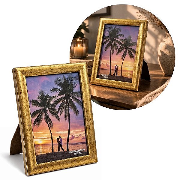 Porta Retrato 15x21 Madeira Dourado Premium Decorativo Com Vidro Vertical Horizontal