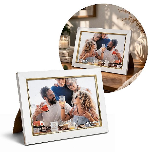 Porta Retrato 15x21 Madeira Branco e Dourado Luxo Decor Com Vidro Vertical Horizontal