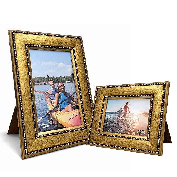 Conjunto Porta Retrato 10x15 e 20x21 Madeira Dourado Luxo Moldura Larga 4,5cm com Vidro Multi Posição