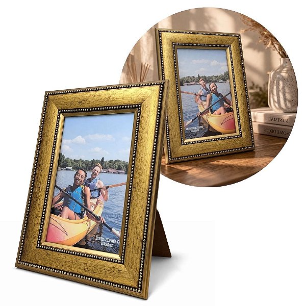 Porta Retrato 15x21 Madeira Dourado Luxo Moldura Larga 4,5cm com Vidro Multi Posição