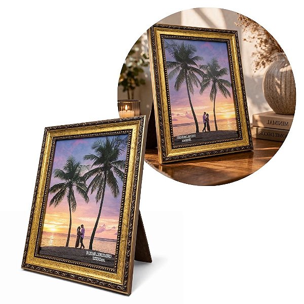 Porta Retrato 15x21 Moldura Madeira Premium Ouro Velho Com Vidro Vertical e Horizontal