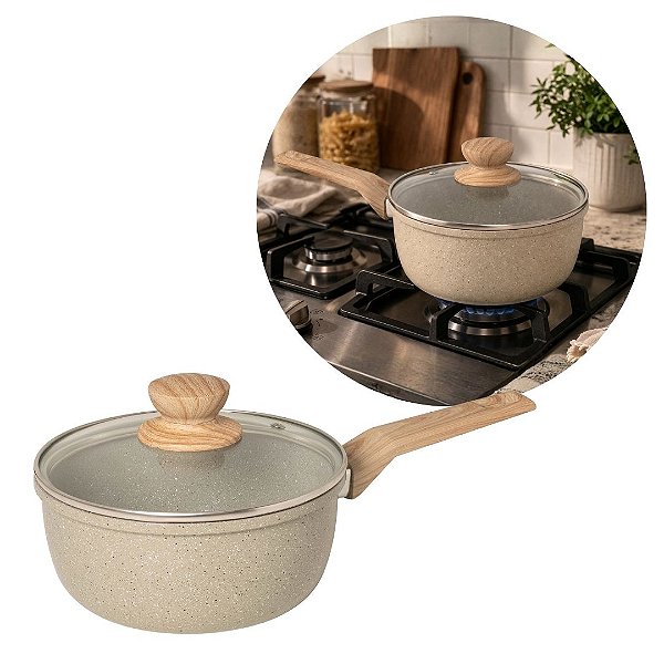 Panela Antiaderente Cerâmica Fundo Indução Bege Marmorizado 18cm - Fratelli