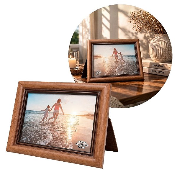 Porta Retrato 10x15 Madeira Marrom Fosco Tradicional  Com Vidro Horizontal ou Vertical