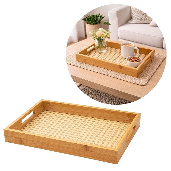 Bandeja Retangular Bambu Palha Trançada Premium 33x22cm Multiuso - Fratelli