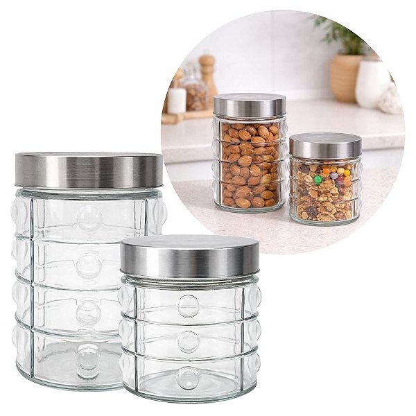 Jogo 2 Potes de Vidro Prime 1200ml e 800ml Com Tampa Inox Porta Mantimento Point Decorativo