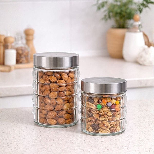 Conjunto 2 Potes de Vidro Premium 800ml e 1200ml Tampa Aço Inox Porta Mantimento Point Decorativo