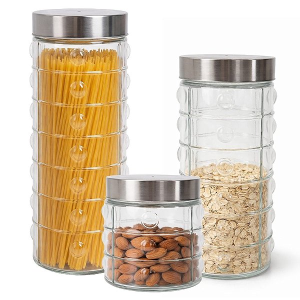 Jogo 3 Potes Porta Mantimento Vidro Point Decor Tampa Inox 800ml, 1600ml e 2100ml