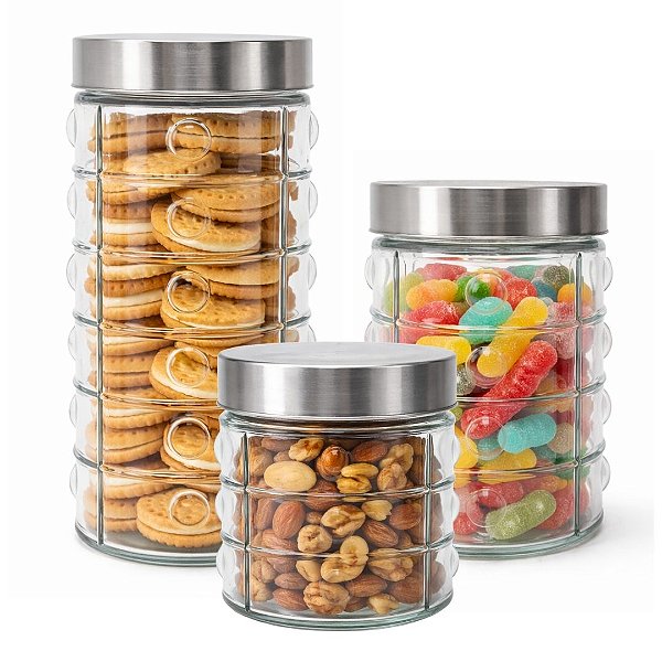 Conjunto 3 Potes em Vidro com Tampa Rosca Aço Inox Porta Mantimentos Design Decor