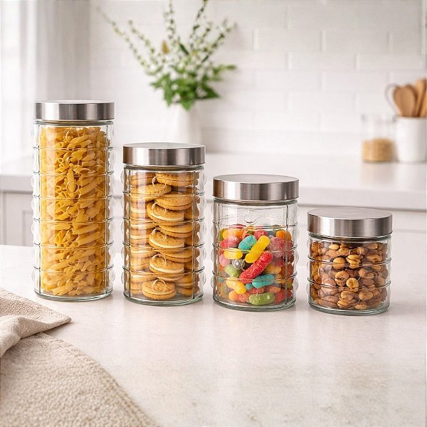 Jogo 4 Potes Porta Mantimento Vidro Point Decor Tampa Inox 800ml, 1200ml, 1600ml e 2,1L