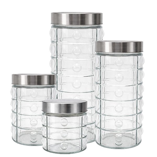 Conjunto 4 Potes Vidro com Tampa Rosca Aço Inox Porta Mantimentos Design Decor