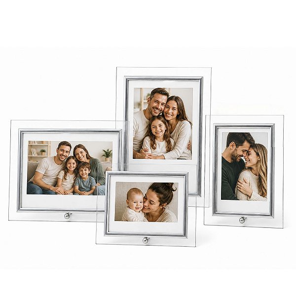 Conjunto 4 Porta-Retratos Vidro Borda Prata Premium 10x15 e 15x21 Vertical e Horizontal