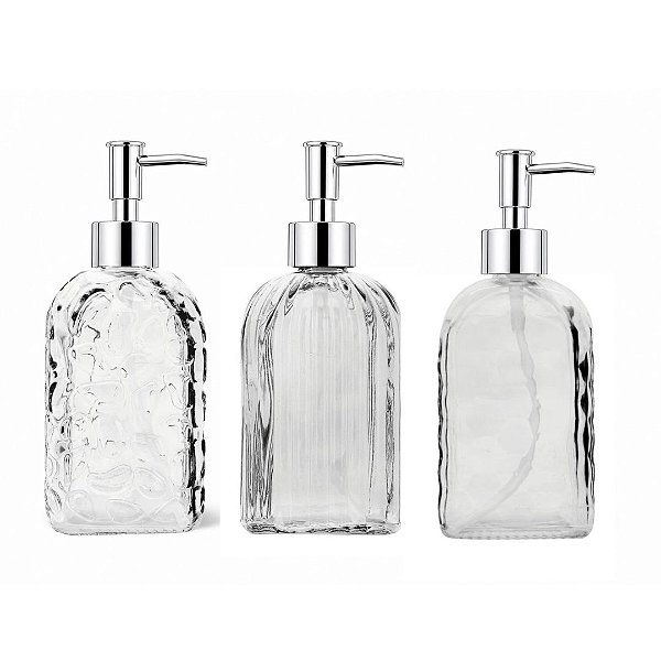 Kit 3 Porta Sabonete Líquido Vidro 500ml com Bico Dosador Cromado Texturas Bolhas, Diamante e Linhas