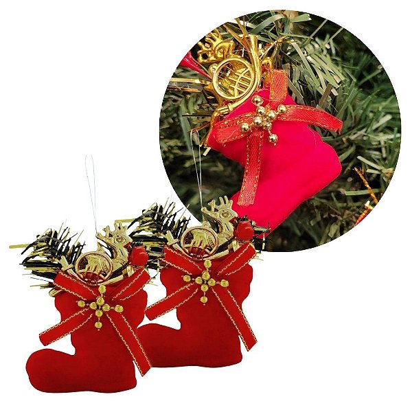 Kit 2 Botinhas Veludo Natal Decoradas Mini Rena e Corneta Dourada 7cm - Magizi