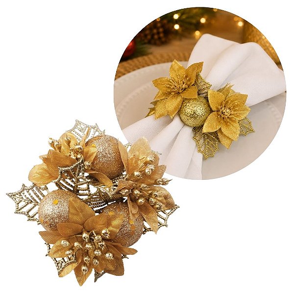 Porta Guardanapo Natalino Bico de Papagaio Decorado Dourado Luxo 10cm - Magizi