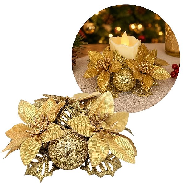 Porta Velas Castiçal Natalino Bico de Papagaio Dourado Decorado 10cm - Magizi
