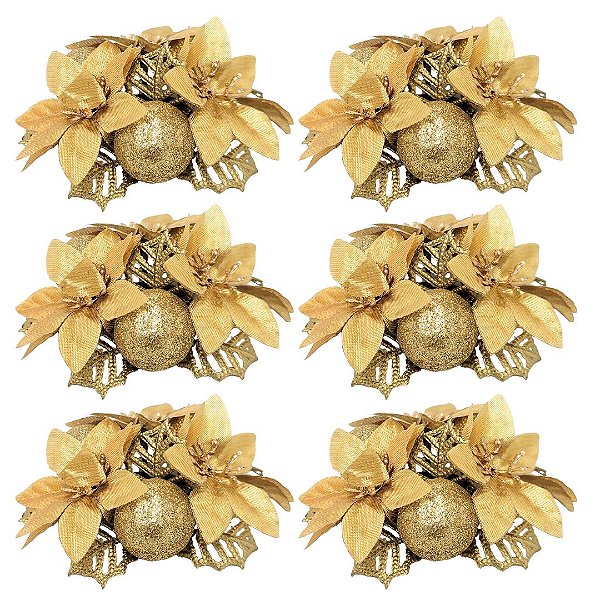 Kit 6 Porta Velas Castiçal Natal Bico de Papagaio Decorado Dourado Luxo 10cm - Magizi