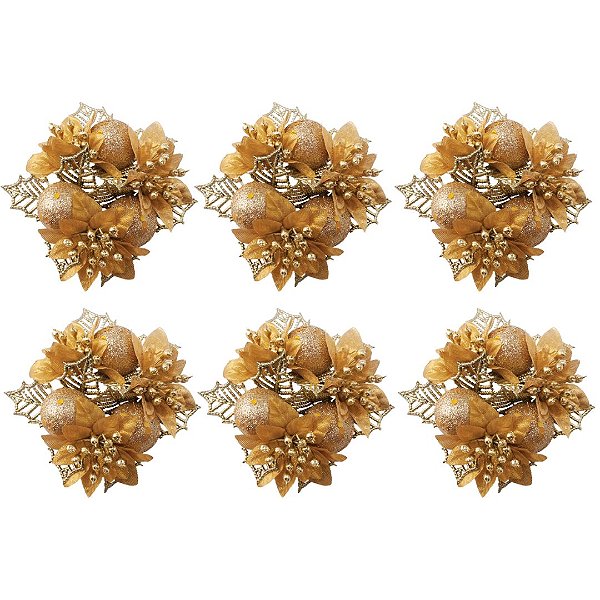 Kit 6 Porta Guardanapo Natalino Bico de Papagaio Decorado Dourado Luxo 10cm - Magizi