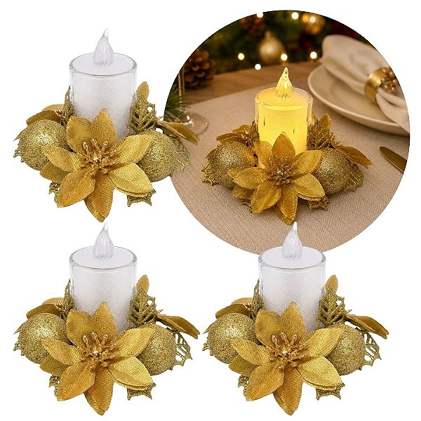 Kit 3 Castiçal Natalino Bico de Papagaio Dourado Decorado 10cm com Vela Eletrônica LED