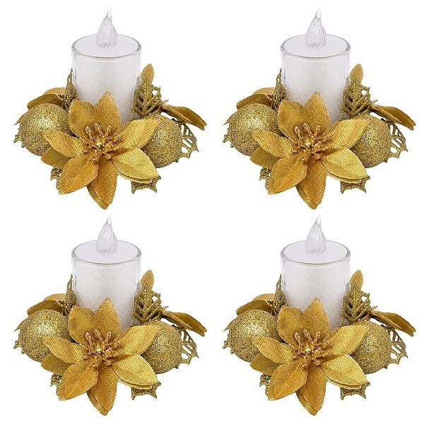 Kit 4 Castiçal Natalino Bico de Papagaio Dourado Decorado 10cm com Vela LED - Magizi
