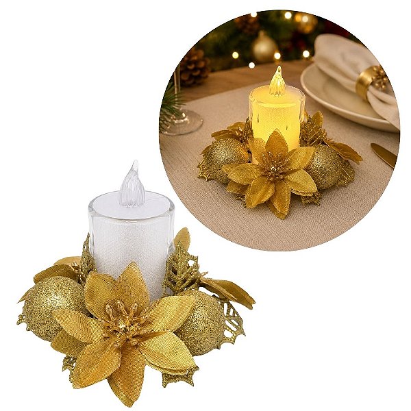 Porta Velas Castiçal Natalino Bico de Papagaio Dourado Decorado 10cm com Vela LED - Magizi