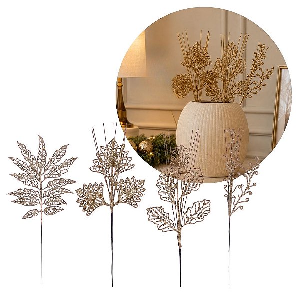 Conjunto 4 Galhos Natalinos Folhagem Decorativa Glitter Ocre 30cm - Magizi