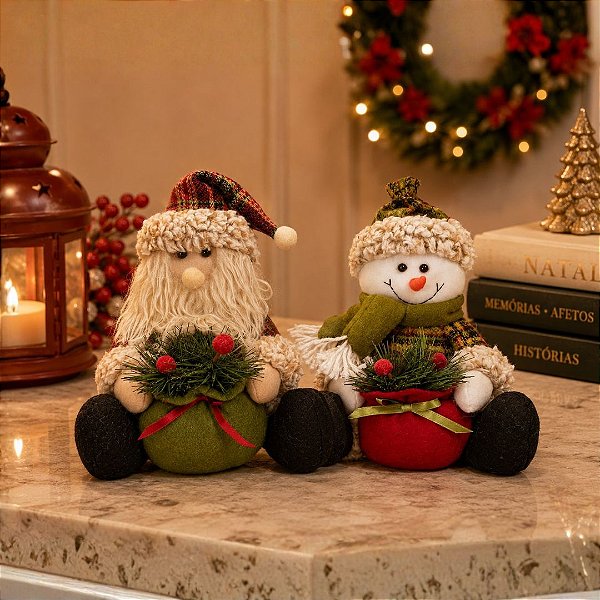 Jogo Papai Noel e Boneco de Neve Sentado Scoth Saco de Presentes Decorado 20cm - Magizi
