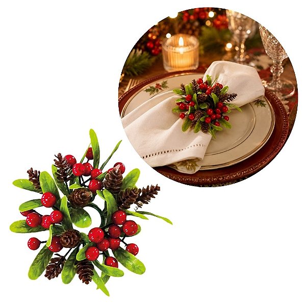 Porta Guardanapo Decorado Natalino Argola com Folhagens Pinhas e Berries Mesa Posta Natal 10cm Decorativo
