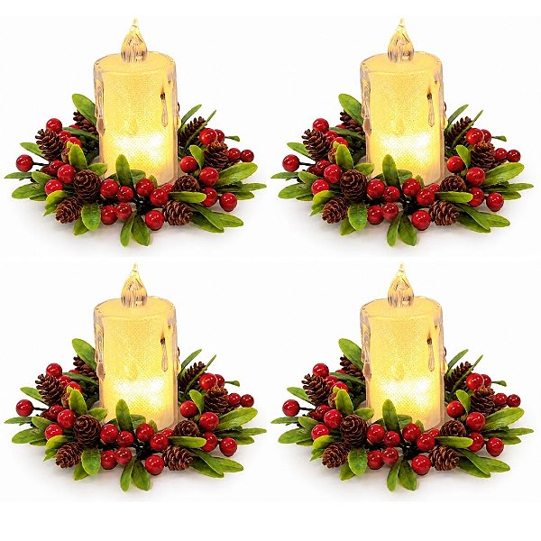 Jogo 4 Porta Velas Decorado Castiçal Natalino com Folhagens Pinhas Berries e Vela LED Branco Quente Mesa Posta Natal 10c