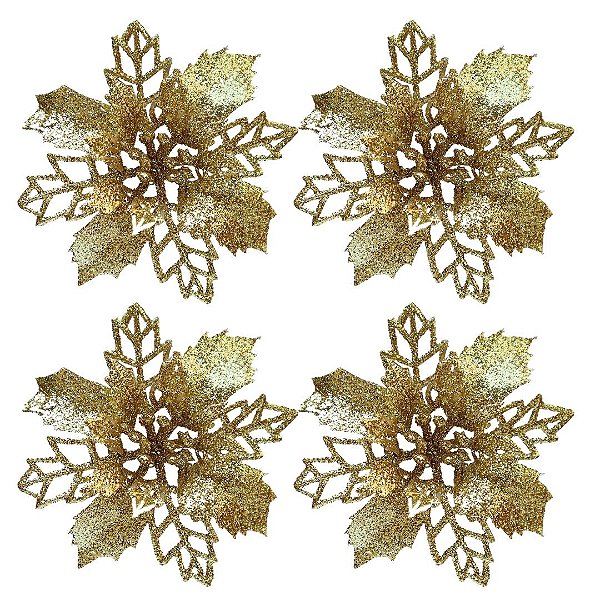 Jogo 4 Flores Bico de Papagaio Dourado Natal Pick Glitter 9cm com Presilha - Magizi