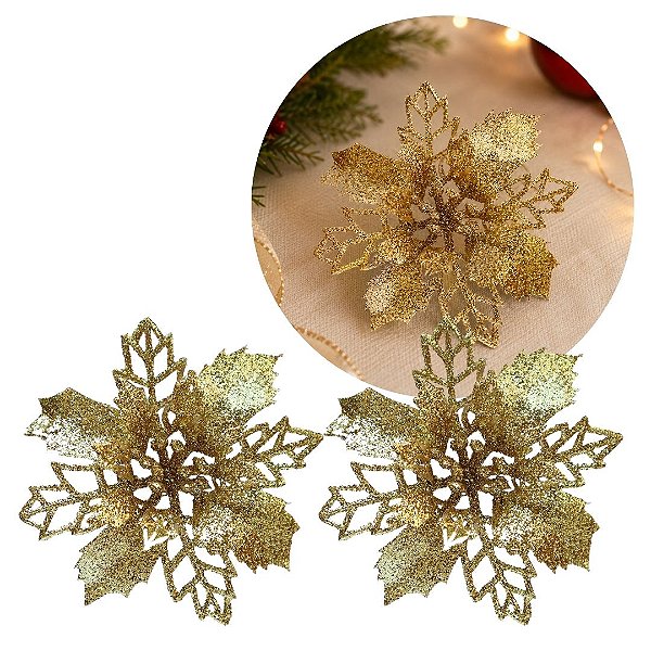 Jogo 2 Flores Bico de Papagaio Dourado Natal Pick Glitter 9cm com Presilha - Magizi