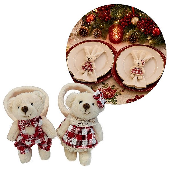 Kit Porta Guardanapo Decorativo Natalino Casal Ursinhos Pelúcia Creme com Roupa Xadrez Mesa Posta