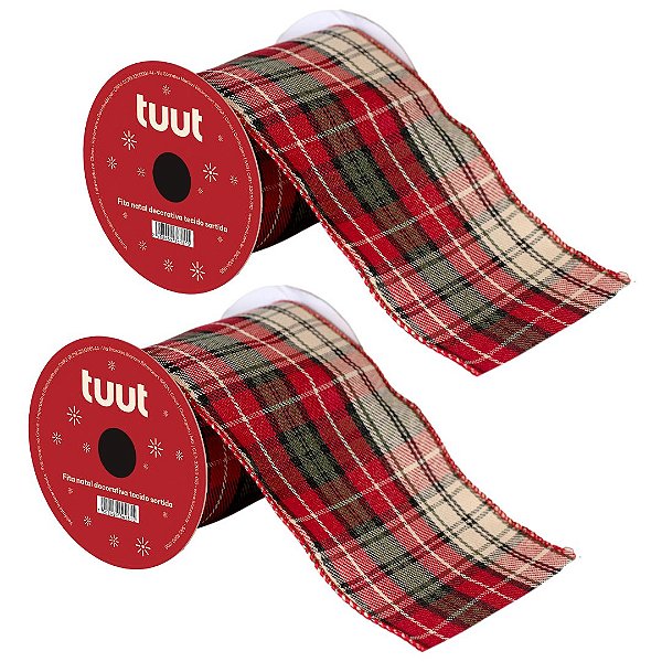 Kit 2 Fitas Aramadas Decorativa Natalina Xadrez Premium Tecido 10cm x 9 metros para Laços Árvores e Guirlandas