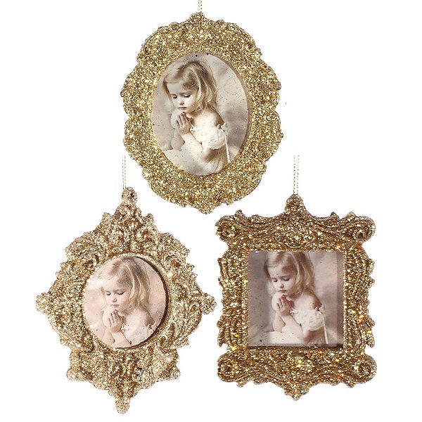 Kit Porta Retrato Gliter Dourado Para Árvore Natal 10cm 3 Peças - Magizi