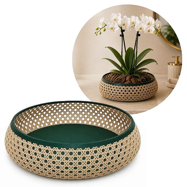 Vaso Baixo Cachepot Redondo Rústico Design Palhinha Treliça Rattan Sintético Prime 23cm - Mundial Casa