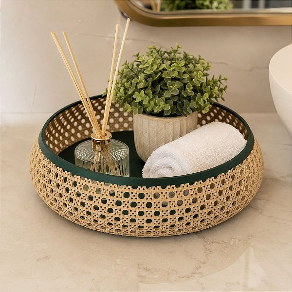Bandeja Decorativa Multiuso para Banheiro Redonda Design Palhinha Treliça Rattan 23cm - Mundial Casa