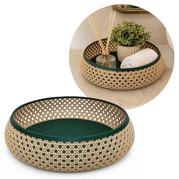 Bandeja Decorativa Multiuso para Banheiro Redonda Design Palhinha Treliça Prime 23cm - Mundial Casa
