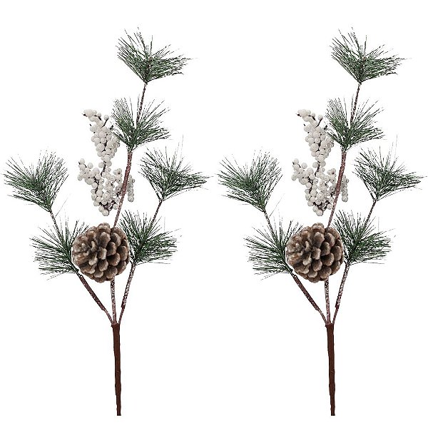 Kit 2 Galhos Natal Folhagens com Pinha e Berries Branco Nevado 46cm Decorativo - Magizi