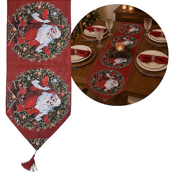 Caminho de Mesa Natalino Tecido Vinho Gobelin Luxo Guirlanda Papai Noel 180x33cm - Magizi