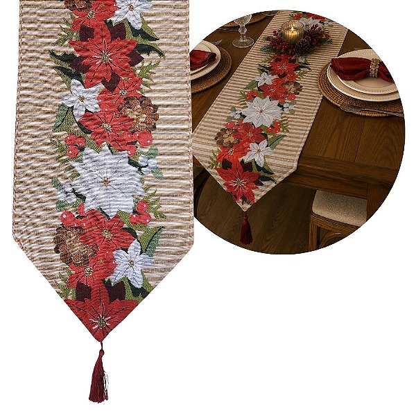Caminho de Mesa Natalino Tecido Bege Listras Gobelin Luxo Bico de Papagaio 180x33cm - Magizi