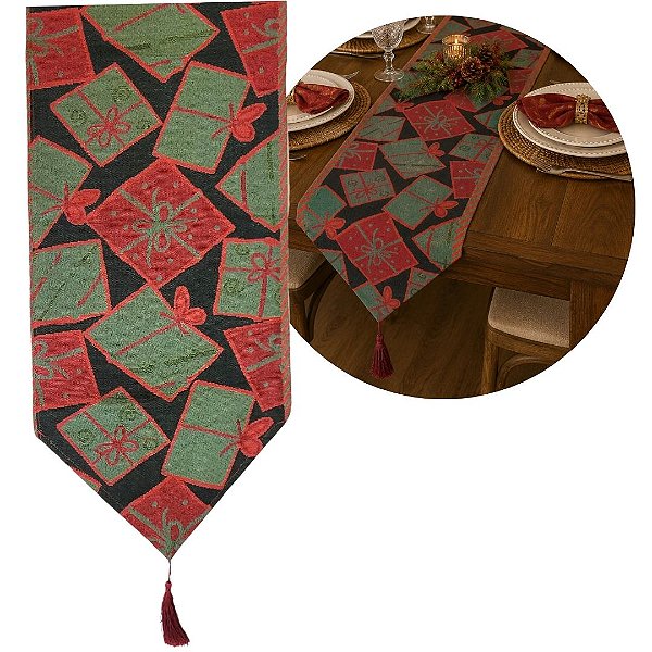 Caminho de Mesa Natalino Gobelin Luxo Estampa Presentes 180x33cm - Magizi